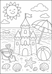 Eine große Sandburg steht am Meer mit Sonnenschirm, Muscheln, Ball und lachender Sonne. Kostenloses Sommer Ausmalbild mit klaren Konturen für Kinder.