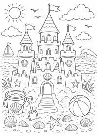 Eine große Sandburg steht am Strand mit Muscheln, Eimer, Schaufel, Sonne und Meereswellen. Kostenloses Ausmalbild zum Ausdrucken als druckbare PNG-Datei für A4.