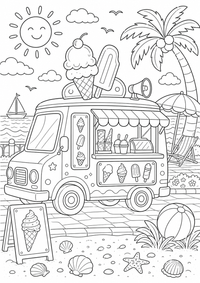 Ein freundlicher Eiswagen am Strand mit Waffeln, Sonnenschirm und klaren Linien zum Ausmalen. Kostenloses Ausmalbild zum Ausdrucken als druckbare PNG-Datei für A4.
