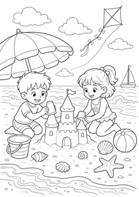 Sommer Strandtag mit Familie ist ein kostenloses Sommer Ausmalbild mit klaren schwarzen Konturen zum Ausdrucken auf A4.