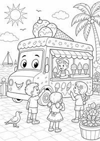 Eiswagen im Sommer ist ein kostenloses Sommer Ausmalbild mit klaren schwarzen Konturen zum Ausdrucken auf A4.