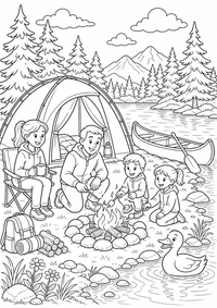 Camping am See ist ein kostenloses Sommer Ausmalbild mit klaren schwarzen Konturen zum Ausdrucken auf A4.