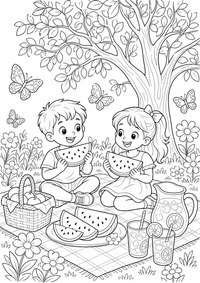 Wassermelonen Picknick ist ein kostenloses Sommer Ausmalbild mit klaren schwarzen Konturen zum Ausdrucken auf A4.