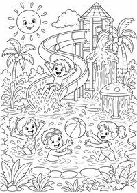 Wasserpark im Sommer ist ein kostenloses Sommer Ausmalbild mit klaren schwarzen Konturen zum Ausdrucken auf A4.