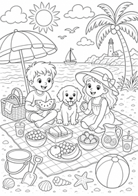 praia piquenique verão — página para colorir é uma página gratuita para colorir e imprimir em A4, com contornos pretos nítidos e áreas claras para colorir. Sem cadastro.