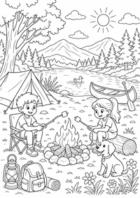 Camping Lake verão — página para colorir é uma página gratuita para colorir e imprimir em A4, com contornos pretos nítidos e áreas claras para colorir. Sem cadastro.