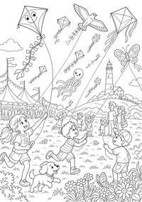Kite festival verão — página para colorir é uma página gratuita para colorir e imprimir em A4, com contornos pretos nítidos e áreas claras para colorir. Sem cadastro.