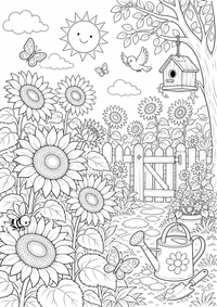 Sunflower jardim verão — página para colorir é uma página gratuita para colorir e imprimir em A4, com contornos pretos nítidos e áreas claras para colorir. Sem cadastro.