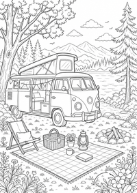: Camper am See — página para colorir é uma página gratuita para colorir e imprimir em A4, com contornos pretos nítidos e áreas claras para colorir. Sem cadastro.