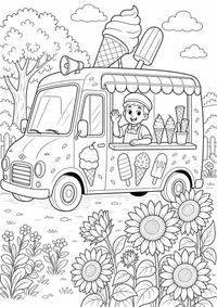 gelo cream truck em verão — página para colorir é uma página gratuita para colorir e imprimir em A4, com contornos pretos nítidos e áreas claras para colorir. Sem cadastro.