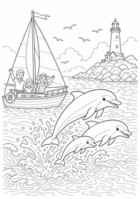 : Delfine neben dem Segelboot — página para colorir é uma página gratuita para colorir e imprimir em A4, com contornos pretos nítidos e áreas claras para colorir. Sem cadastro.