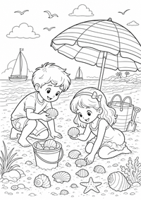 : Muscheln am Meer sammeln — página para colorir é uma página gratuita para colorir e imprimir em A4, com contornos pretos nítidos e áreas claras para colorir. Sem cadastro.