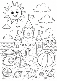 verão praia com sand castelo — página para colorir é uma página gratuita para colorir e imprimir em A4, com contornos pretos nítidos e áreas claras para colorir. Sem cadastro.