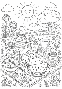 verão : Wassermelonen Sommerpicknick — página para colorir é uma página gratuita para colorir e imprimir em A4, com contornos pretos nítidos e áreas claras para colorir. Sem cadastro.