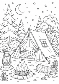 verão camping em tent — página para colorir é uma página gratuita para colorir e imprimir em A4, com contornos pretos nítidos e áreas claras para colorir. Sem cadastro.