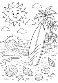 Tabla de surf de verano en la playa para colorear es un dibujo Verano gratis para imprimir en A4, con contornos negros claros. Sin registro.