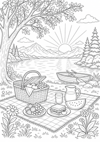 Sommer am See ist ein kostenloses A4-Ausmalbild mit klaren schwarzen Konturen zum Ausdrucken.