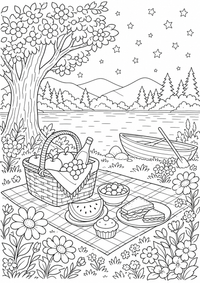Sommer am See ist ein kostenloses A4-Ausmalbild mit klaren schwarzen Konturen zum Ausdrucken.