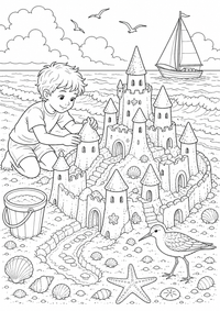 Sandburgdorf am Meer zeigt ein Sandburgdorf am Meer mit Türmen, Muscheln, Eimer und einer Burg im Hintergrund. Dieses kostenlose A4-Ausmalbild mit klaren schwarzen Konturen auf weißem Hintergrund ist zum Ausdrucken geeignet.