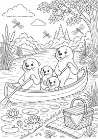 Otterfamilie im Flusskanu zeigt eine Otterfamilie, die im Fluss Kanu fährt, mit Paddeln, Bergen und Schilf. Dieses kostenlose A4-Ausmalbild mit klaren schwarzen Konturen auf weißem Hintergrund ist zum Ausdrucken geeignet.
