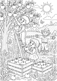 Apfelernte im Sommergarten zeigt eine Apfelernte im Sommergarten mit Kindern, Leiter, Körben und Apfelbaum. Dieses kostenlose A4-Ausmalbild mit klaren schwarzen Konturen auf weißem Hintergrund ist zum Ausdrucken geeignet.