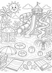 verão Water Slide Park — página para colorir é uma página gratuita para colorir e imprimir em A4, com contornos pretos nítidos e áreas claras para colorir. Sem cadastro.