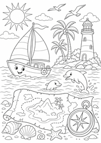 verão Sailboat Treasure Map — página para colorir é uma página gratuita para colorir e imprimir em A4, com contornos pretos nítidos e áreas claras para colorir. Sem cadastro.