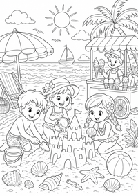 praia Day com gelo Cream Cart e Sandcastle — página para colorir é uma página gratuita para colorir e imprimir em A4, com contornos pretos nítidos e áreas claras para colorir. Sem cadastro.