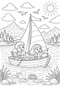 Lago velero es un dibujo para colorear gratis con contornos negros claros para niños. Imprime el PNG en A4.