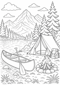 Lago del campamento de verano es un dibujo para colorear gratis con contornos negros claros. Imprime el PNG en A4.