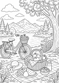 Bicycle piquenique — página para colorir é uma página gratuita para colorir e imprimir em A4, com contornos pretos nítidos e áreas claras para colorir. Sem cadastro.