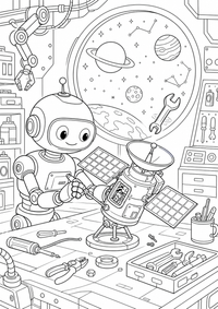 Roboter repariert Satellit ist ein kostenloses A4-Ausmalbild mit klaren schwarzen Konturen zum Ausdrucken.