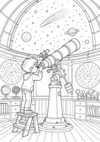 Kind beobachtet Kometen im Observatorium ist ein kostenloses A4-Ausmalbild mit klaren schwarzen Konturen zum Ausdrucken.
