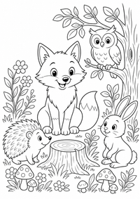 Animales del bosque sobre claro del bosque es un dibujo de animales para colorear gratis, con contornos negros claros y detalles fáciles de imprimir para niños. Abre el archivo PNG, imprímelo en A4 y úsalo en casa, en el jardín de infancia o en la escuela.
