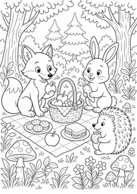 Waldtiere Picknick ist ein kostenloses Tiere Ausmalbild mit klaren schwarzen Konturen zum Ausdrucken auf A4.