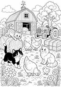 Bauernhof Katzen ist ein kostenloses Tiere Ausmalbild mit klaren schwarzen Konturen zum Ausdrucken auf A4.