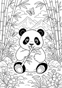 Panda mit Bambus ist ein kostenloses Tiere Ausmalbild mit klaren schwarzen Konturen zum Ausdrucken auf A4.