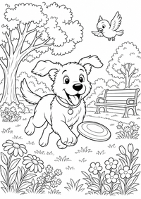 Hund im Park ist ein kostenloses Tiere Ausmalbild mit klaren schwarzen Konturen zum Ausdrucken auf A4.