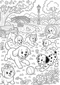 Puppy Park animais — página para colorir é uma página gratuita para colorir e imprimir em A4, com contornos pretos nítidos e áreas claras para colorir. Sem cadastro.