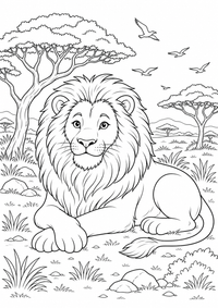 Friendly lion em savannah — página para colorir é uma página gratuita para colorir e imprimir em A4, com contornos pretos nítidos e áreas claras para colorir. Sem cadastro.