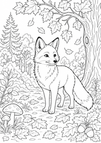 Fox में an Autumn जंगल — कलरिंग पेज एक मुफ्त A4 कलरिंग पेज है, जिसमें स्पष्ट काली रूपरेखाएँ और रंग भरने के लिए साफ़ क्षेत्र हैं। पंजीकरण आवश्यक नहीं।