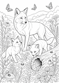 Fuchsfamilie auf der Blumenwiese ist ein kostenloses A4-Ausmalbild mit klaren schwarzen Konturen zum Ausdrucken.
