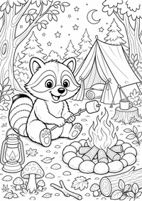 Mapache en el campamento del bosque es un dibujo de animales para colorear gratis, con contornos negros claros y detalles fáciles de imprimir para niños. Abre el archivo PNG, imprímelo en A4 y úsalo en casa, en el jardín de infancia o en la escuela.