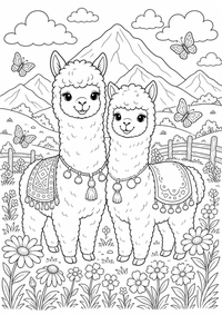 Alpacas sobre pradera de flores es un dibujo de animales para colorear gratis, con contornos negros claros y detalles fáciles de imprimir para niños. Abre el archivo PNG, imprímelo en A4 y úsalo en casa, en el jardín de infancia o en la escuela.