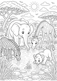 Animales safari abrevadero es un dibujo de animales para colorear gratis, con contornos negros claros y detalles fáciles de imprimir para niños. Abre el archivo PNG, imprímelo en A4 y úsalo en casa, en el jardín de infancia o en la escuela.