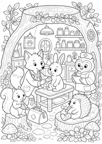 Animales veterinario de animales del bosque clínica es un dibujo de animales para colorear gratis, con contornos negros claros y detalles fáciles de imprimir para niños. Abre el archivo PNG, imprímelo en A4 y úsalo en casa, en el jardín de infancia o en la escuela.