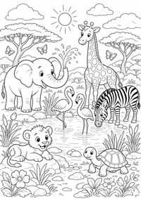 Animales safari abrevadero es un dibujo de animales para colorear gratis, con contornos negros claros y detalles fáciles de imprimir para niños. Abre el archivo PNG, imprímelo en A4 y úsalo en casa, en el jardín de infancia o en la escuela.