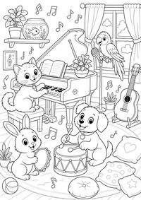 Animales mascota sala de música es un dibujo de animales para colorear gratis, con contornos negros claros y detalles fáciles de imprimir para niños. Abre el archivo PNG, imprímelo en A4 y úsalo en casa, en el jardín de infancia o en la escuela.