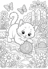 Cat com Yarn em o jardim — página para colorir é uma página gratuita para colorir e imprimir em A4, com contornos pretos nítidos e áreas claras para colorir. Sem cadastro.