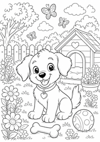 Dog com Doghouse em o jardim — página para colorir é uma página gratuita para colorir e imprimir em A4, com contornos pretos nítidos e áreas claras para colorir. Sem cadastro.